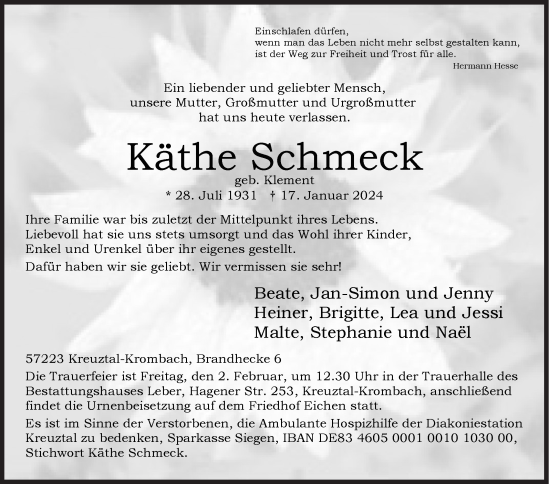 Traueranzeige von Käthe Schmeck von Siegener Zeitung