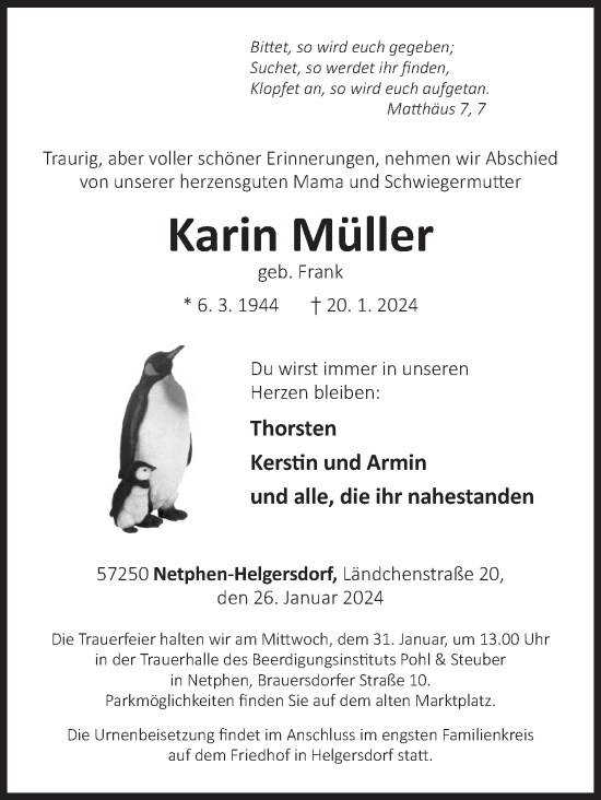 Traueranzeige von Karin Müller von Siegener Zeitung