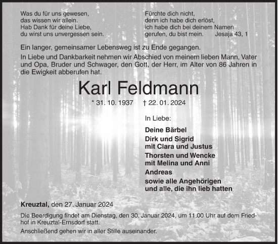 Traueranzeige von Karl Feldmann von Siegener Zeitung