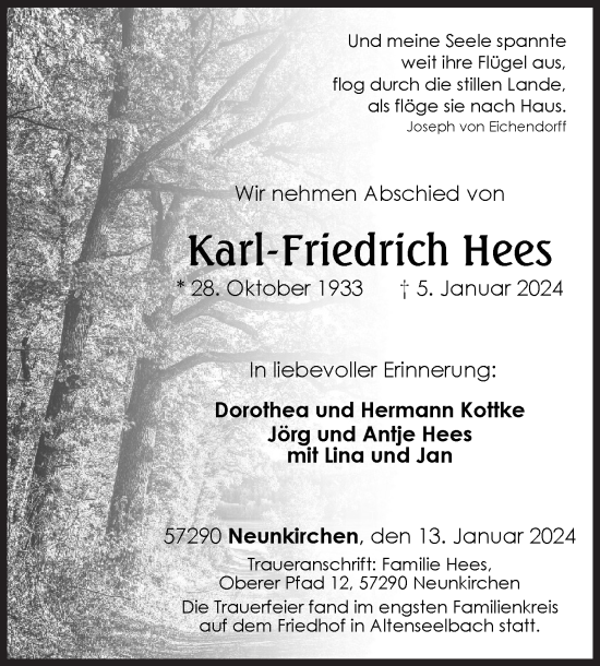 Traueranzeige von Karl-Friedrich Hees von Siegener Zeitung