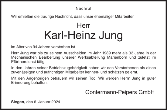 Traueranzeige von Karl-Heinz Jung von Siegener Zeitung