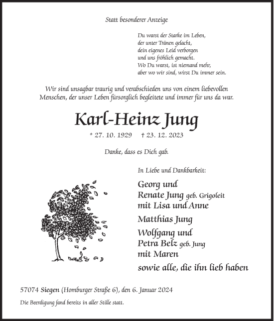 Traueranzeige von Karl-Heinz Jung von Siegener Zeitung