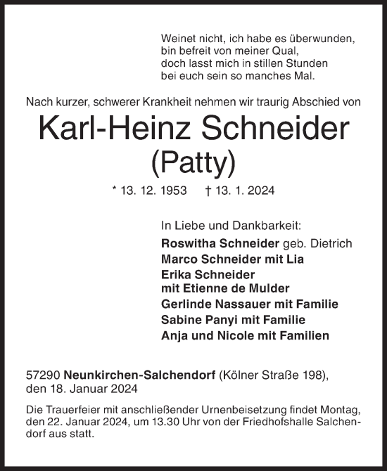 Traueranzeige von Karl-Heinz Schneider von Siegener Zeitung