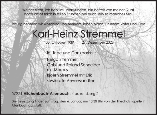 Traueranzeige von Karl-Heinz Stremmel von Siegener Zeitung