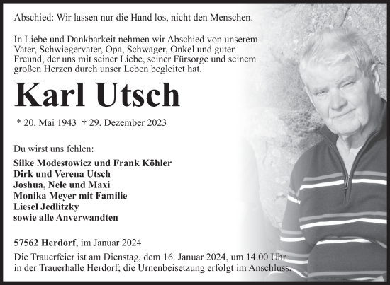 Traueranzeige von Karl Utsch von Siegener Zeitung