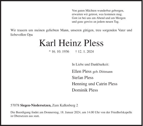 Traueranzeige von Karl Heinz Pless von Siegener Zeitung