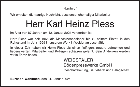 Traueranzeige von Karl Heinz Pless von Siegener Zeitung