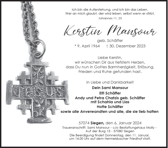 Traueranzeige von Kerstin Mansour von Siegener Zeitung