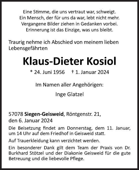 Traueranzeige von Klaus-Dieter Kosiol von Siegener Zeitung