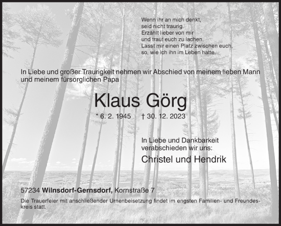 Traueranzeige von Klaus Görg von Siegener Zeitung