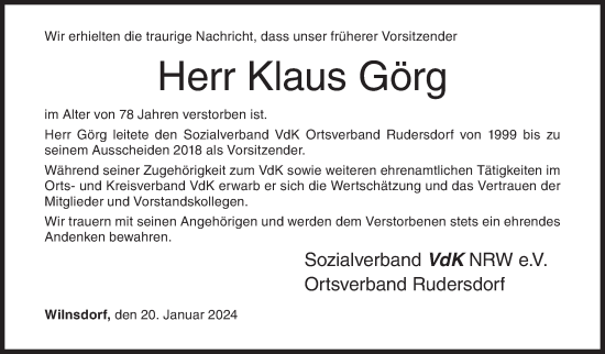 Traueranzeige von Klaus Görg von Siegener Zeitung