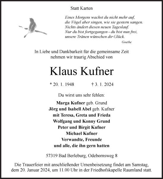 Traueranzeige von Klaus Kufner von Siegener Zeitung