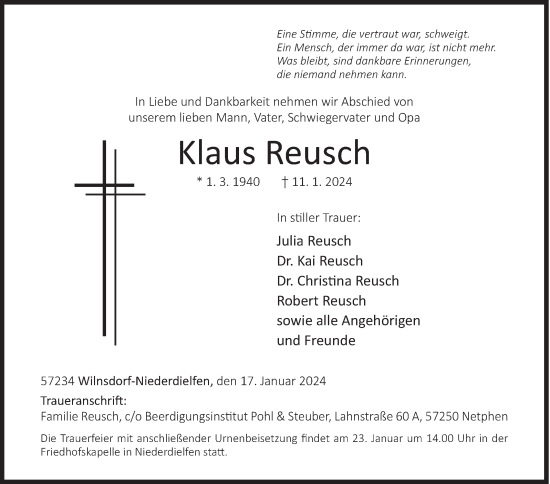 Traueranzeige von Klaus Reusch von Siegener Zeitung