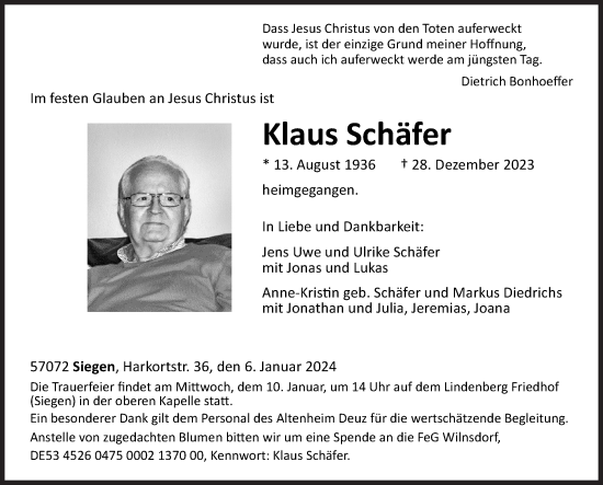 Traueranzeige von Klaus Schäfer von Siegener Zeitung