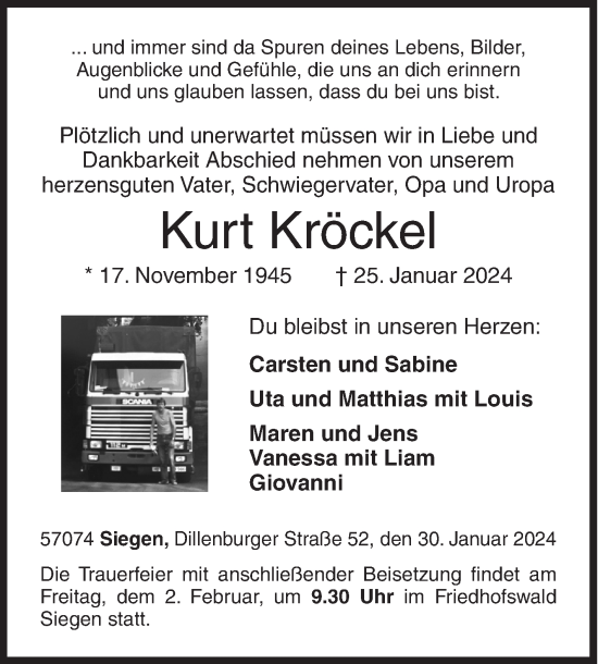 Traueranzeige von Kurt Kröckel von Siegener Zeitung