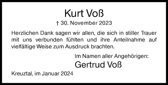 Traueranzeige von Kurt Voß von Siegener Zeitung