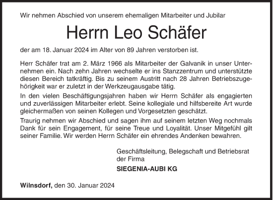 Traueranzeige von Leo Schäfer von Siegener Zeitung