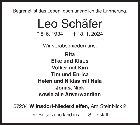 Traueranzeige von Leo Schäfer von Siegener Zeitung