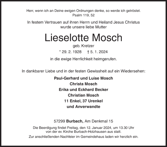Traueranzeige von Lieselotte Mosch von Siegener Zeitung