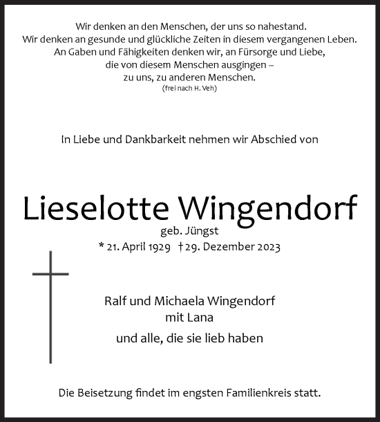 Traueranzeige von Lieselotte Wingendorf von Siegener Zeitung