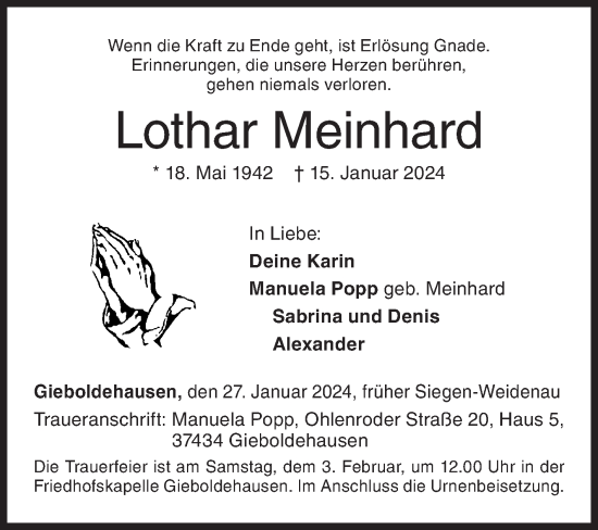 Traueranzeige von Lothar Meinhard von Siegener Zeitung