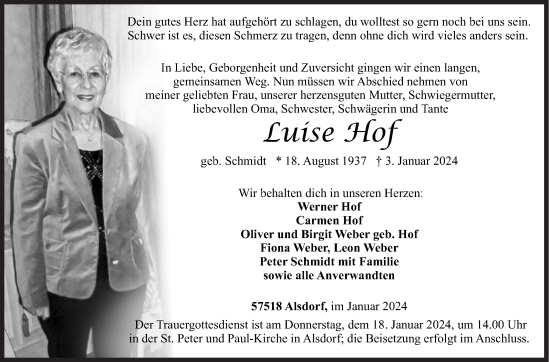 Traueranzeige von Luise Hof von Siegener Zeitung