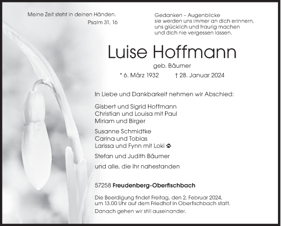 Traueranzeige von Luise Hoffmann von Siegener Zeitung