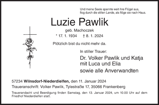 Traueranzeige von Luzie Pawlik von Siegener Zeitung