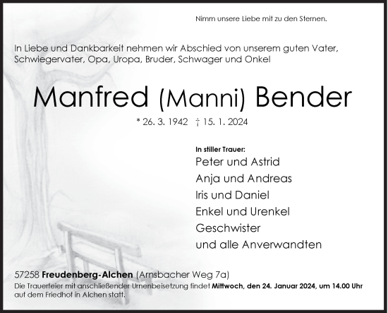 Traueranzeige von Manfred Bender von Siegener Zeitung