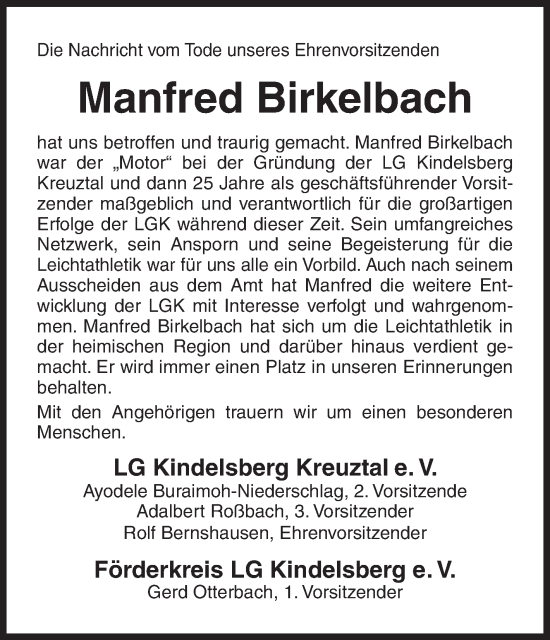 Traueranzeige von Manfred Birkelbach von Siegener Zeitung