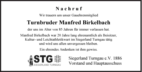 Traueranzeige von Manfred Birkelbach von Siegener Zeitung