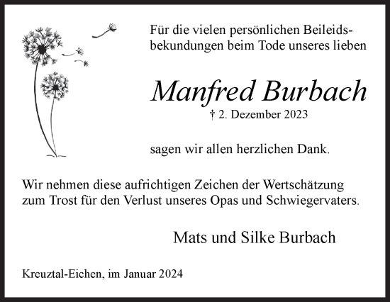 Traueranzeige von Manfred Burbach von Siegener Zeitung