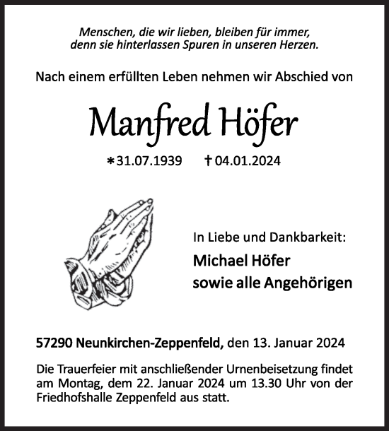 Traueranzeige von Manfred Höfer von Siegener Zeitung