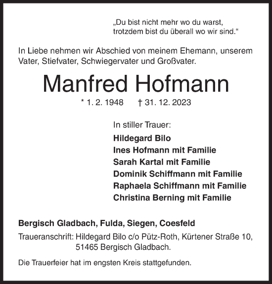 Traueranzeige von Manfred Hofmann von Siegener Zeitung