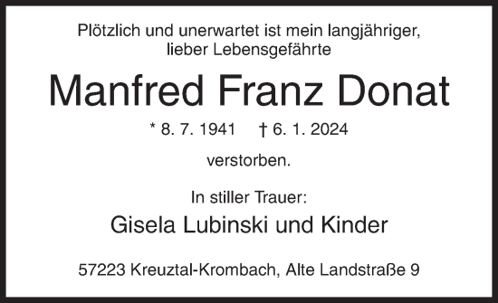 Traueranzeige von Manfred Franz Donat von Siegener Zeitung