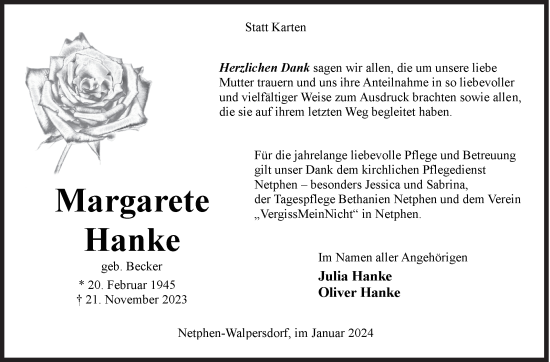 Traueranzeige von Margarete Hanke von Siegener Zeitung