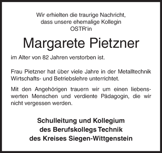 Traueranzeige von Margarete Pietzner von Siegener Zeitung