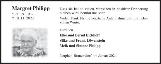 Traueranzeige von Margret Philipp von Siegener Zeitung