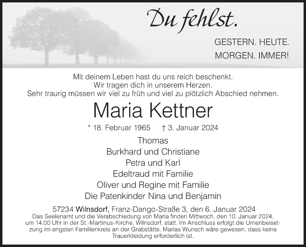  Traueranzeige für Maria Kettner vom 06.01.2024 aus Siegener Zeitung