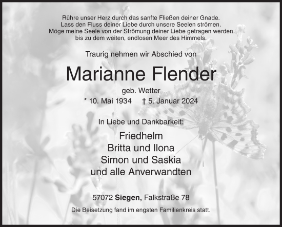 Traueranzeige von Marianne Flender von Siegener Zeitung