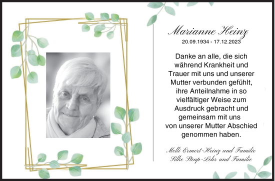 Traueranzeige von Marianne Heinz von Siegener Zeitung