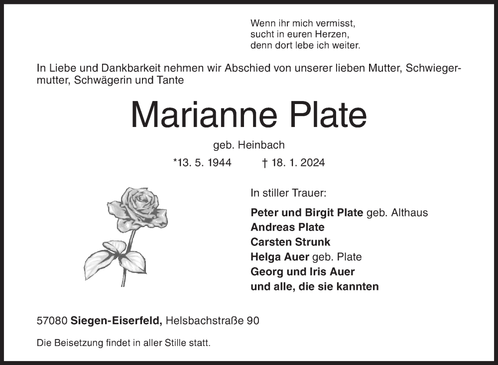  Traueranzeige für Marianne Plate vom 23.01.2024 aus Siegener Zeitung