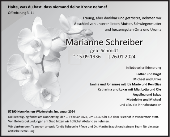 Traueranzeige von Marianne Schreiber von Siegener Zeitung