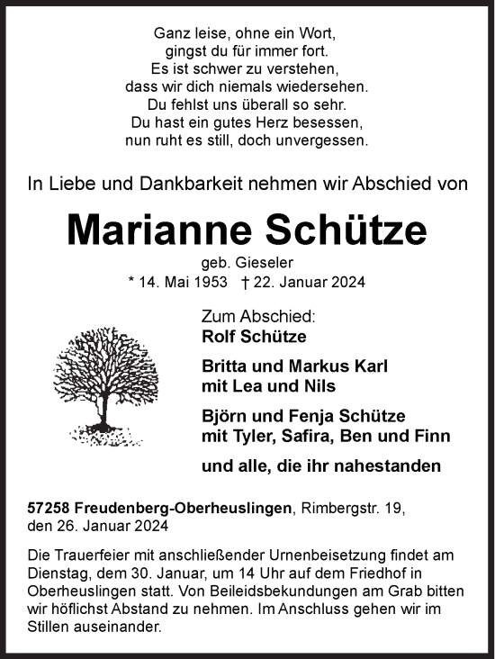 Traueranzeige von Marianne Schütze von Siegener Zeitung