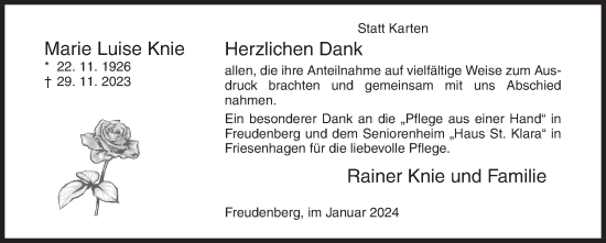 Traueranzeige von Marie Luise Knie von Siegener Zeitung