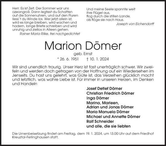 Traueranzeige von Marion Dömer von Siegener Zeitung