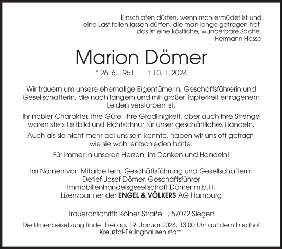 Traueranzeige von Marion Dömer von Siegener Zeitung