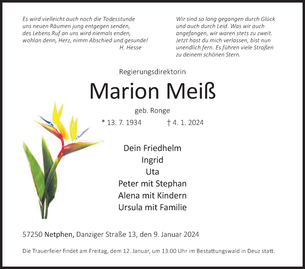  Traueranzeige für Marion Meiß vom 09.01.2024 aus Siegener Zeitung