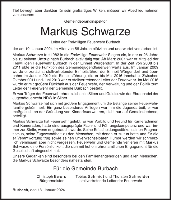 Traueranzeige von Markus Schwarze von Siegener Zeitung