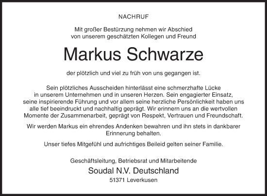Traueranzeige von Markus Schwarze von Siegener Zeitung